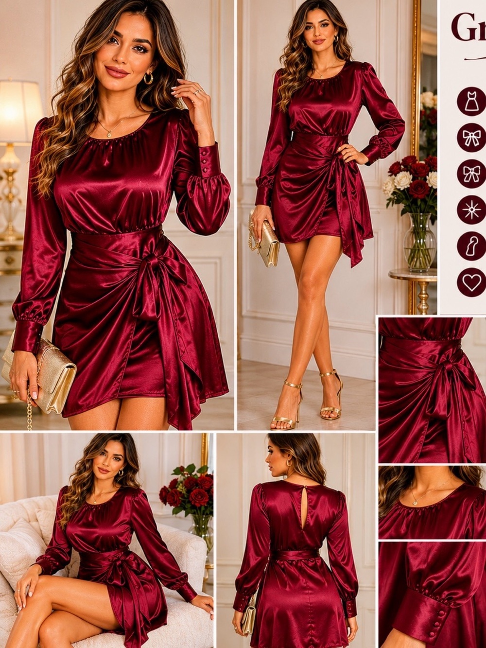 Grace Karin Satin Wrap Mini Dress Burgundy Long Sleeve Size 2XL